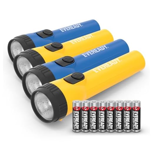 LED Flashlight by Eveready, Bright Flashlights for Emergencies and Camping Gear, Flash Light with AA Batteries Included, Blue/Yellow (4-Pack)
