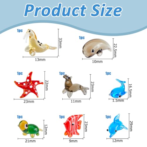 Hobbspring 8 Styles Hand Blown Glass Figurines Miniature Animal Glass Decor Includes Whale Walrus Dolphin Butterflyfish Turtle Starfish Sea Dog Animal Figurine for Collectible Home Decor Gifts