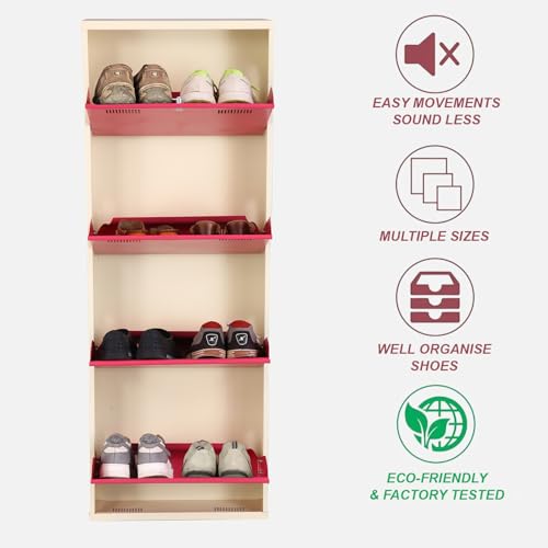 Image of Metal Shoe Rack Wall Mounted for Home with Central Locking 4 Door 20 inch Wall Mounted Metal 8 Pair Shoe Rack Cabinet Pre-Assembled Rack Shelves 3 Year Warranty (Pink & Ivory)