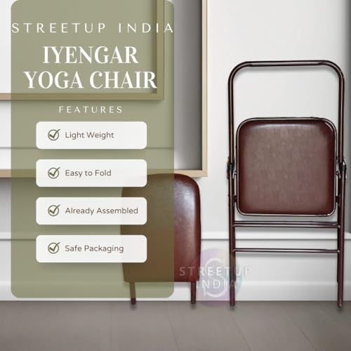 Image of Streetup India Iyengar Yoga Chair with Lumbar Back Support Backless /Meditation Chair for Yoga|Brown (Brown Leather Seat)
