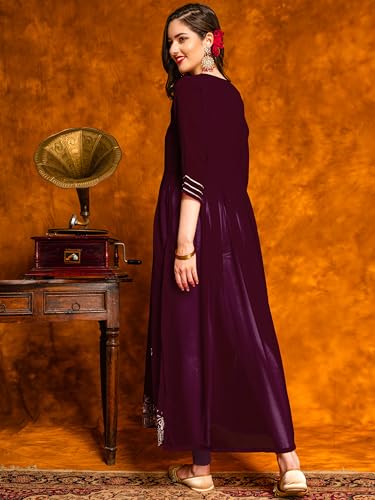 Image of EthnicJunction Women's Georgette Relaxed Fit A Line Embroidered Naira Cut A-Line Kurta | Karva Chauth Special Kurta