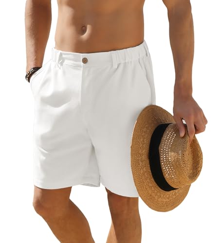 JEMLDL Men's Shorts Casual 7' Cotton Linen Button Elastic Waist Summer...