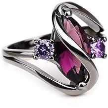 Metmejiao Amethyst Ring Black Gold Plated Birthstone Rings Ring Shiny Horse Eye Sapphire Ring Blue Gemstone Promise Ring Eternity Engagement Wedding Band Ring for Women 7