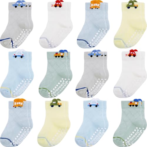 Image of Aroveea Non Slip Grip Ankle Baby Socks 12 Pack for Toddler Boys and Girls Kids,Infant Cute Cotton Baby Socks