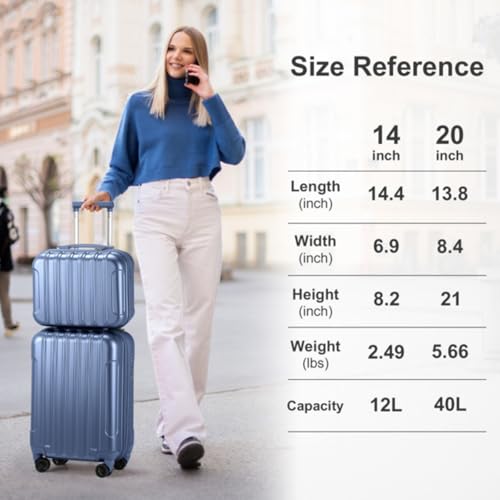 2-Piece Luggage Set 20" 14" Airline Approved TSA Lock Expandable 360 Silent Spinner Wheels Protective Bumpers Telescoping Handle for Business Travel Vacation International Cabin Storage (Blue)3