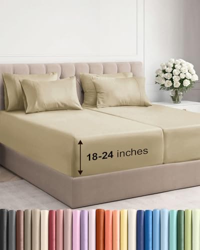 Image of Extra Deep Split King Sheet Set - 7 Piece Breathable Cooling Sheets - Beige | Hotel Luxury Bed Sheets Set, Easy & Secure Fit, Ultra-Soft, Wrinkle & Fade Free, Comfy Sheets Set with Extra Deep Pockets