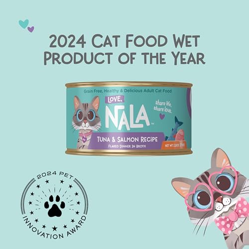 Image of LOVE, NALA - Natural Adult Cat Wet Food - FLAKED Tuna and Salmon in Broth- Grain Free, Non-GMO, Lean Protein, Omega 3, Added Minerals & Vitamins - 12 Pack 2.4 lbs.