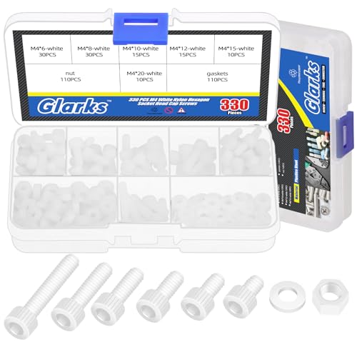 Glarks 330pcs M4 Blanco Nylon Hexagon Socket Tornillo, 6/8/10/12/15/20 mm Hexagonal Cabeza Tornillo de cabeza de zócalo Tornillo de cabeza de nailon, tornillos de accionamiento con tuercas y arandelas