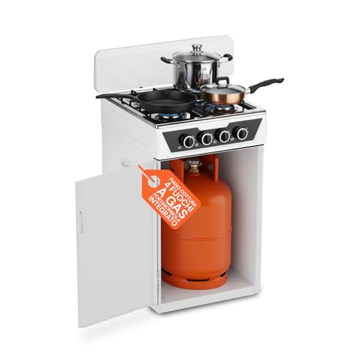 Avilia – Piano Cottura 4 Fuochi Gas da Appoggio con Vano Portabombola Integrato, Cucina a Libera Installazione per Interni ed Esterni, Struttura Robusta Compatta e Facile da Usare Bianco