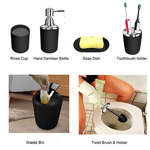 TEKITSFUN Bathroom Accessories Set 6 Pieces Plastic Bathroom Accessories Toothbrush Holder, Rinse Cup, Soap Dish, Hand Sanitizer Bottle, Waste Bin, Toilet Brush with Holder (Black)