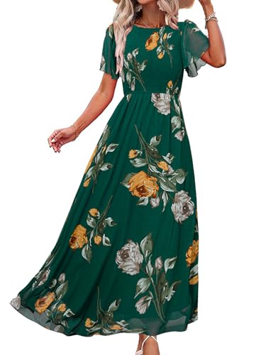 Image of Simplee Womens Casual Floral Summer Maxi Dress 2026 Boho Flowy Short Sleeve Crew Neck Vacation Smocked Chiffon Dresses