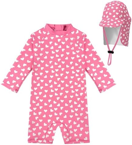weVSwe Baby Girl Bathing Suit UPF 50+ All in One Sunsuit Swimwear Long Sleeve Toddler Girl Swimsuit with UV Hat Pink Heart 0-6 Months