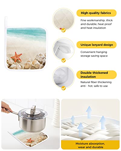 Sandy Beach 5 Pack Pot Holders Polyester Heat Insulation Potholder Multipurpose Hot Pads Washable Oven Mitts Pot Holder Set For Baking Cooking 8.26X8.26In Starfish Shell Conch And Ocean Waves #TOP1