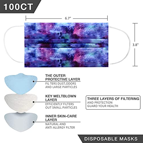 Printed Disposable Face Masks - 100Pcs Stylish Pattern 3Ply Safety Mask, Breathable Soft Tie Dye Face Covering With 5 Colors, Comfortable Protective Face Cover & Mouth Cover For Adult With Bendable Nose Clip, For Home, School, Office And Outdoors #TOP3