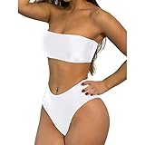 ZAFUL Women's High Cut Bandeau Bikini Set Strapless Solid Color 2 Pieces Bathing Suit Swimsuit White...