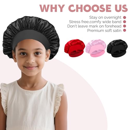3 PCS Kids Bonnets for Girls, Silk Bonnet for Sleeping Kids, Soft Wide Band Sleep Cap Toddler Bonnet Shower Caps for Boys Girls4