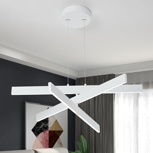 31.5' White Modern LED Linear Chandelier, Dining Room Light Fixture, 38W Pendant Light Fixtures,...