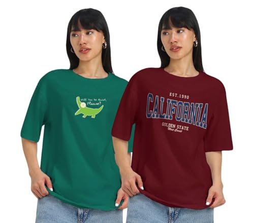 Image of JUNEBERRY 100% Pure Cotton, Pack of 2,Round Neck, Oversized Loose,Drop Shoulder,Graphic Printed, Half Sleeve T-Shirts for Women & Girls, in Different Colors, with Sizes Range from S to 2XL.