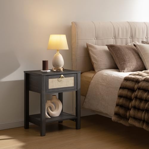 SICOTAS Rattan Nightstand Set of 2, Rattan Decor Drawer with Brass Knobs Night Stand Bedside Table Boho End Tables Side Tables with Storage Shelf for Bedroom,Small Space - Thumbnail 4