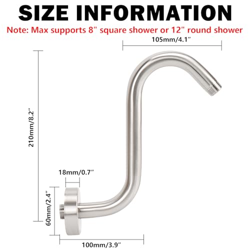 Image of NearMoon S Shaped Shower Head Riser Arm, Shower Extender Arm with Flange, Standard 1 /2 inch Connection- Bathroom Accessory (8 Inch, Brushed Nickel)