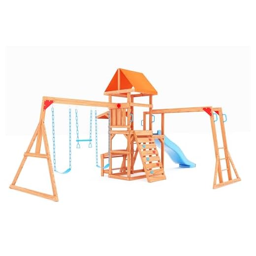 Dolphin Playground Wooden Swing Sets for Backyard, Outdoor Playset for Kids 3-10 with Monkey Bar, Picnic Table, 8FT Slide, Playhouse, Belt Swing, Multi-Functional Shelf, Playground Sets for Backyards