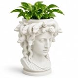 Medusa Head Planter - 7 Inch Greek Goddess Statue Flower Pot, White Aesthetic Vase for Indoor Plants, Succulents, and Ivy, Mythological Bust Home Decor for Shelf, Desk, or Garden (White)