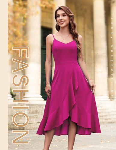 DRESSTELLS Cocktail Dress for Women, Summer Wedding Guest Bridesmaid Modest Valentine Party Fit Flare Spaghetti Strap Dresses Rose XL - Image 2