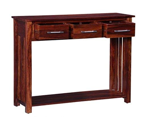 Image of Solid Sheesham Wood Console Table for Living Room | Entryway Hallway Sofa & Fish Tank Table with 3 Drawers & Shelf Storage | Wooden Side Furniture | Honey Finish