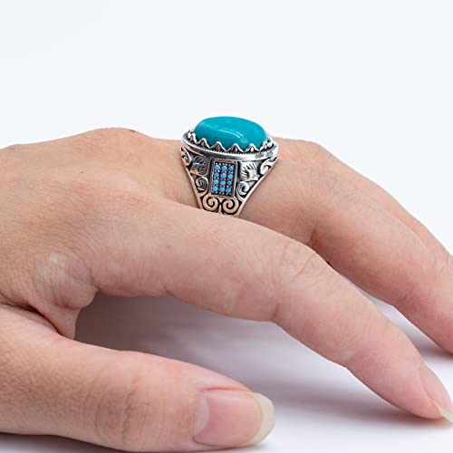 Kooyin Turquoise Ring For Men And Women In Sterling Silver, Large Oval Biker Ring With Jewelry Box, Turkish Handmade Gemstone Statement Ring, Vintage Birthday Christmas Cocktail Gift Ring (Size 11) #TOP2