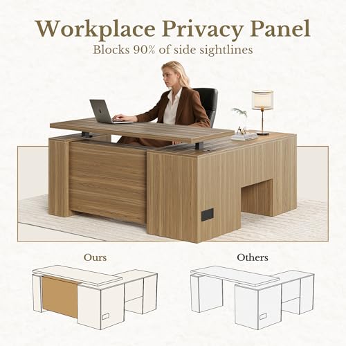 Image of 63 Inches L Shaped Standing Desk, Executive Standing Desk with Drawers and File Cabinet, AC /USB, 1.18 inch Desktop, Multi-Sized Storage Cubby, Privacy Panel, Rattan Computer Desk, Natural Oak