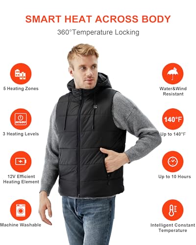 DEWBU Heated Vest with 12V Battery Pack, Multiple Power Supply Methods Lightweight Heated Clothes with Detachable Hood3