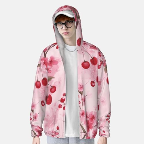 UPF 50+ Sun Protection Hoodie Rash Guard Long Sleeve Sun Shirt Pink Cherry Floral UV Shirt Full Zip Jacket4
