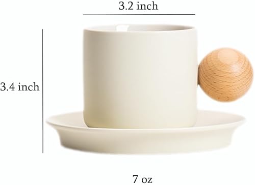 Miniatura 6 de Sizikato Juego de taza y platillo de porcelana con mango de bola de madera, taza de café de 7 onzas
