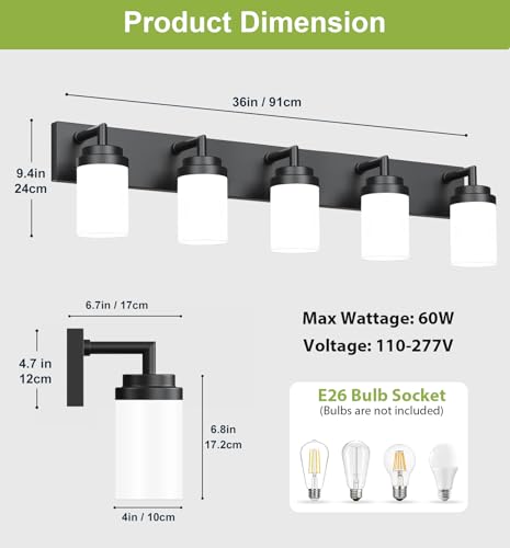 Image of Bathroom Light Fixtures, Matte Black Bathroom Lighting Fixtures Over Mirror, Modern Vanity Light with White Glass Shade, Restroom Lighting Fixtures, 5-Light 36-inch