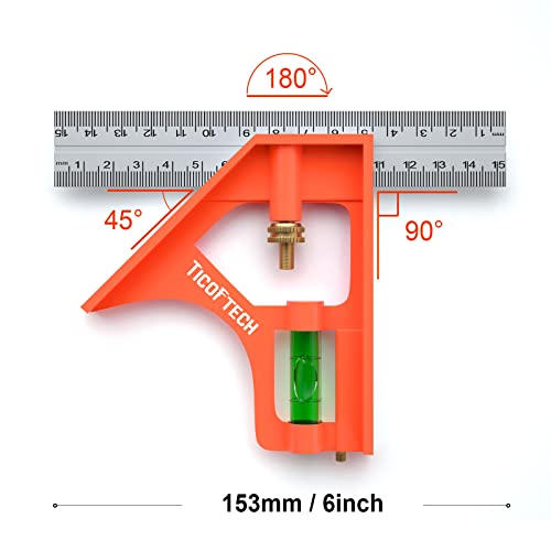 Ticoftech Combination Square, 6 Inch/150Mm, Set Square, Stainless Steel Ruler, Protractor Level Measure Measuring Set With Carpenter Pencils…… #TOP2