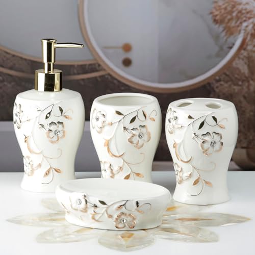 Image of Kookee Ceramic Bathroom Accessories Set - 4 Piece Bath Kit with Soap Dispenser, Toothbrush Holder, Tumbler & Soap Dish - Modern Decor, White /Gold (10094)