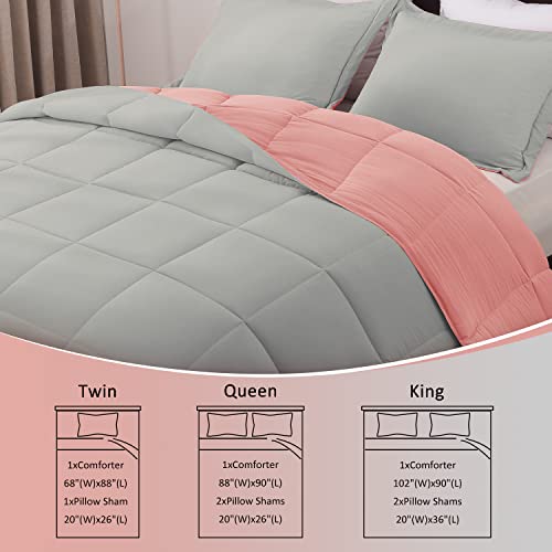 Basic Beyond 3Pcs Pink Comforter Set Queen - Soft Microfiber Comforter Sets For Queen Bed - Pink And Grey Reversible Down Alternative Comforter With 2 Pillow Shams #TOP5
