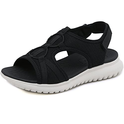 Acfoda Orthopädische Sandalen Damen Leichte Bequeme Weiches Fußbett Sandaletten Frauen Flache Atmungsaktiv Mesh Sommer Schuhe Offene Zehen Outdoor Sport Casual Walking Schwarz 39