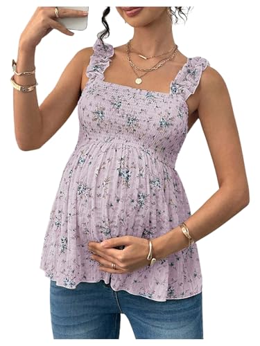 SweatyRocks Women's Maternity Tank Tops Floral Babydoll Top Square Neck Smocked Peplum Blouse Shirts Light Purple Small