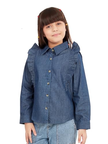Image of olele Girls Full Sleeve Ruffles Cotton Linen Shirt - White for 4 to 14 Years | Kids Girl White Shirt | White Ruffle Shirt for Girls | Shirt Jeans