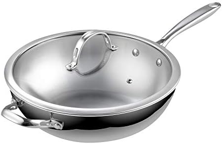 Cooks Standard Wok Pan Stainless Steel, 12-Inch Multi-Ply Clad Stir Fry Pan with Glass Lid, Induction Cookware, Silver
