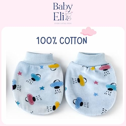 Image of Baby Eli Cotton Newborn Mittens (Picot Wrist) Set of 6 for Baby Boys & Girls 0-6 Months | Soft and Cozy Unisex Infant Gloves | Assorted Baby Hand Gloves | Adjustable Scratch Protection