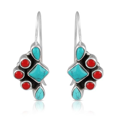 Turquoise and Red Coral Dangle Earrings 925 Sterling Silver Handmade
