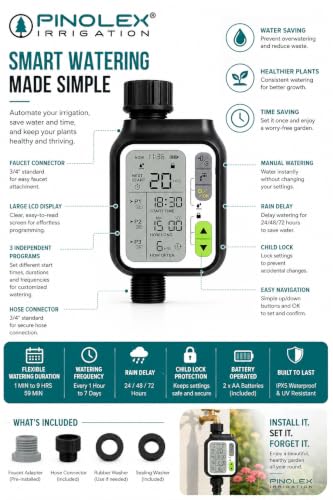 Image of Pinolex Sprinkler Water Timer with 3 Separate Watering Programs and Rain Auto Sensor Function, Garden Lawn Hose Faucet Timer Irrigation System Controller /Child Lock /Rain Barrel /3.5 inch Screen /IPX5 India