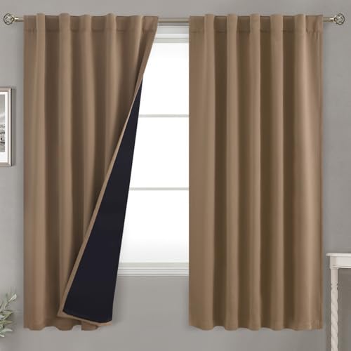 BGment 100% Room Darkening Thermal Insulated Blackout Curtains 63 Inches Long with Liner, Rod Pocket and Back Tab Double Layer Noise Cancelling Curtains for Bedroom ( 42 x 63 Inch, 2 Panels, Taupe)