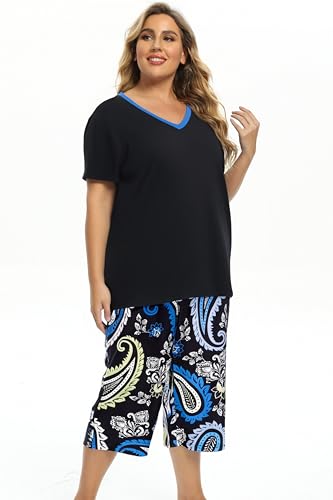 Image of Vozanet Women's Pajamas Set Soft V Neck Sleepwear Top and Capri Pj Lounge Sets Cartoon Heart Shape Cat Nighty Plus Size