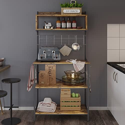 Bestier Kitchen Baker's Rack Coffee Station Microwave Oven Stand Kitchen Shelf with Hutch 8 Side Hooks Free Standing Utility Storage Shelf for Kitchen Dining Room Living Room