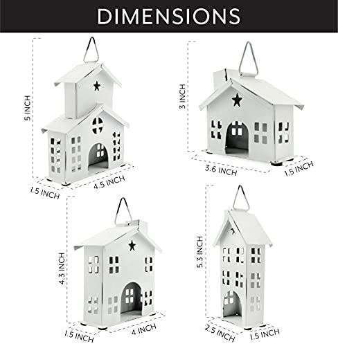 Auldhome Rustic White Tin Ornaments (Set Of 4 Houses, White); Vintage Style Metal Christmas Tree Decorations #TOP5