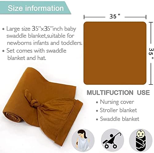 iEvolve Cotton Knitted Baby Swaddle Blanket with Hat Headband Set Newborn Swaddle Wrap Receiving Blankets for Baby Girl Boy 35" x 35"(Ginger) - Image 5