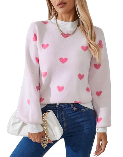 Image of Women's Long Sleeve Mock Neck Sweaters Loose Cute Heart Pullover Sweater
